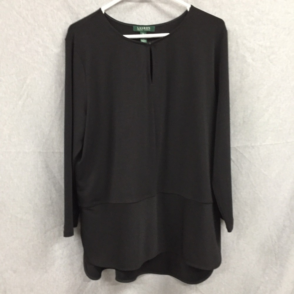 Lauren Ralph Lauren Black Keyhole Tunic Top Long Sleeve Plus Size 1X Blouse‎